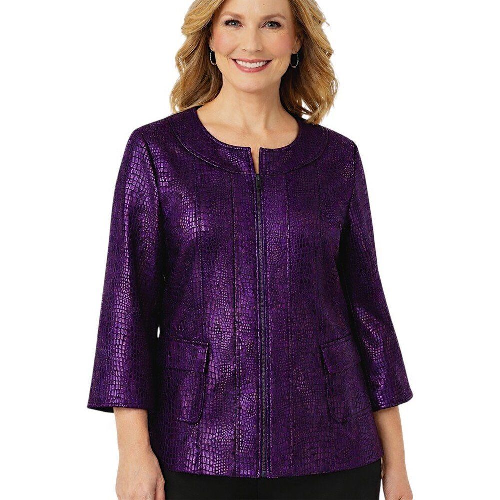 Susan Graver Purple Croc-Embossed Zip Jacket